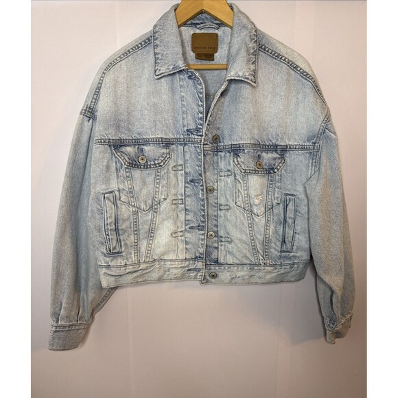 American Eagle AE Denim Jean Jacket Womens Size XS Cropped Distressed Y2K Grunge - Picture 1 of 11